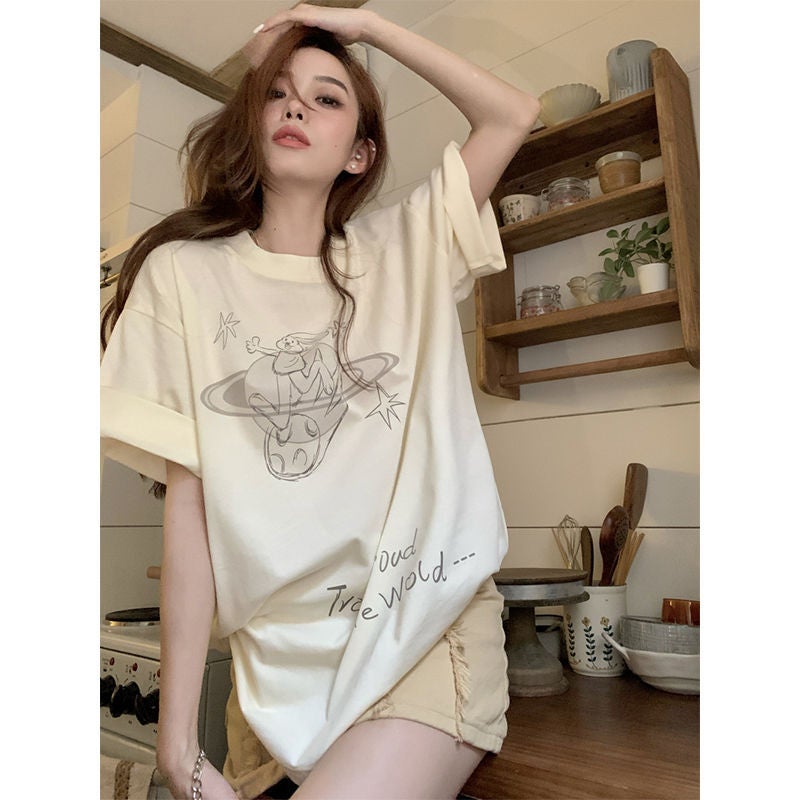 Lhh Apricot Rabbit Printed Short-Sleeved T-Shirt Women'S Summer Thin Korean Style Design Niche Loose Hong Kong Style Top - Image 1