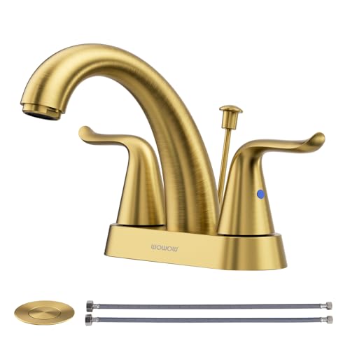 WOWOW 4 Inch Bathroom Sink Faucet Brushed Gold Centerset Vanity Faucet with Lift Rod Drain Modern Mixer Tap for Rv Sink - Image 1
