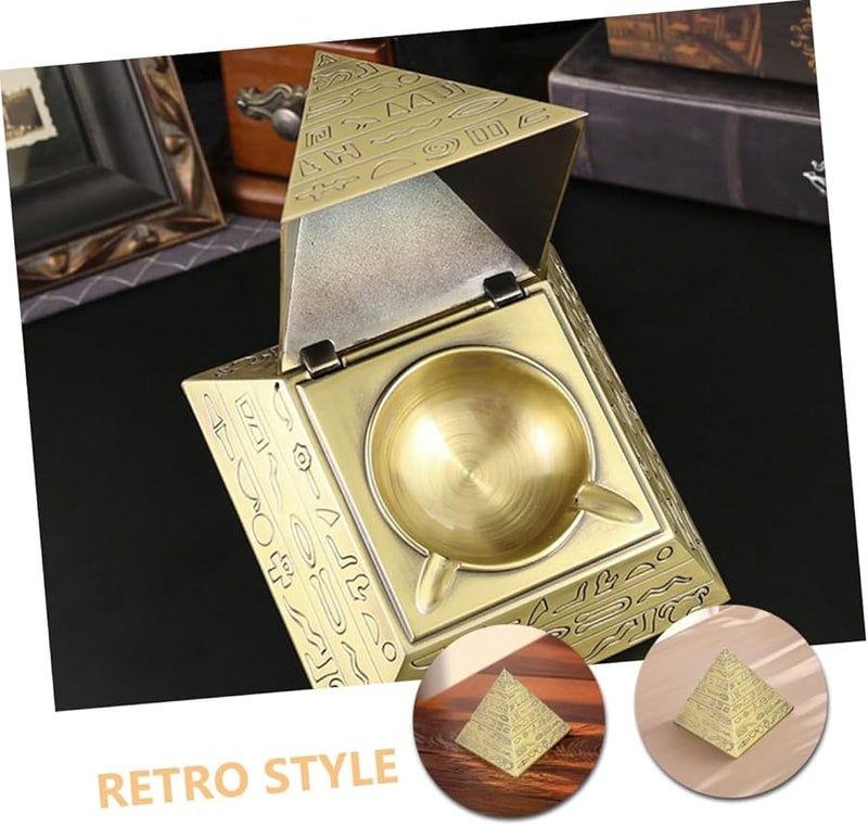 صحن رماد هرمي قديم من البرونز المعدني مع غطاء مقاوم للرياح لتخزين سطح المكتب - Image 4