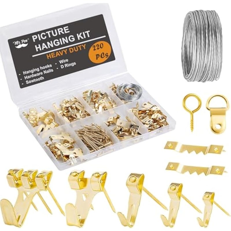 - Picture Hanging Kit, 220pc, Picture Hangers, Nails for Hanging Pictures, Wall Hangers, Picture Hanging, Picture Hanging Hooks, Frame Hanging Hardware, Picture Hooks, Wall Hanging Kit - Image 1