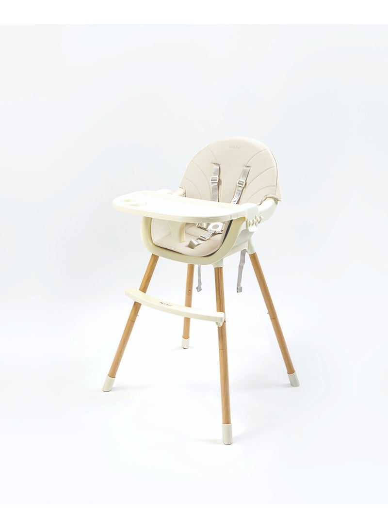 Nurtur 2 in 1High chair, adjustable height, wooden finish, with padded cushioning, Detachable Tray, footrest included - Beige - Image 2