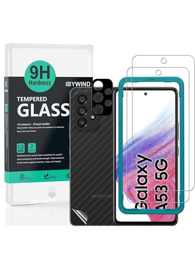ايبيويند حزمة من 2 واقي شاشة لهاتف سامسونج جالاكسي A53 5G 6 5 بوصة مع واقي عدسة الكاميرا المعدني الخلفي من ألياف الكربون بما في ذلك مجموعة التثبيت السهلة - Image 1