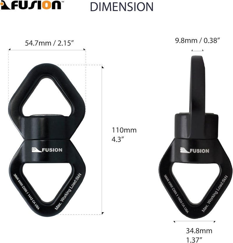 FUSION Climb Delta Swivel - Safest Rotational Device Hanger for Web Tree Swing, Therapy Swing, Aerial Dance, Rock Climbing, Hanging Hammocks (FP-8300-BLKBLK) - Image 2