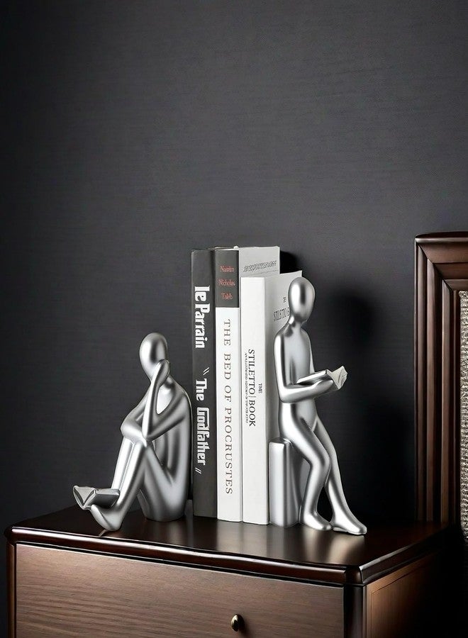 SHTWX Home Decorative Reading Book Statue Bookends Elegant Resin Bookshelf Room Office Desk Decor,Paper Weights, Book Ends,Bookend Supports, Book Stoppers, Set of 2 (Silver) - Image 5