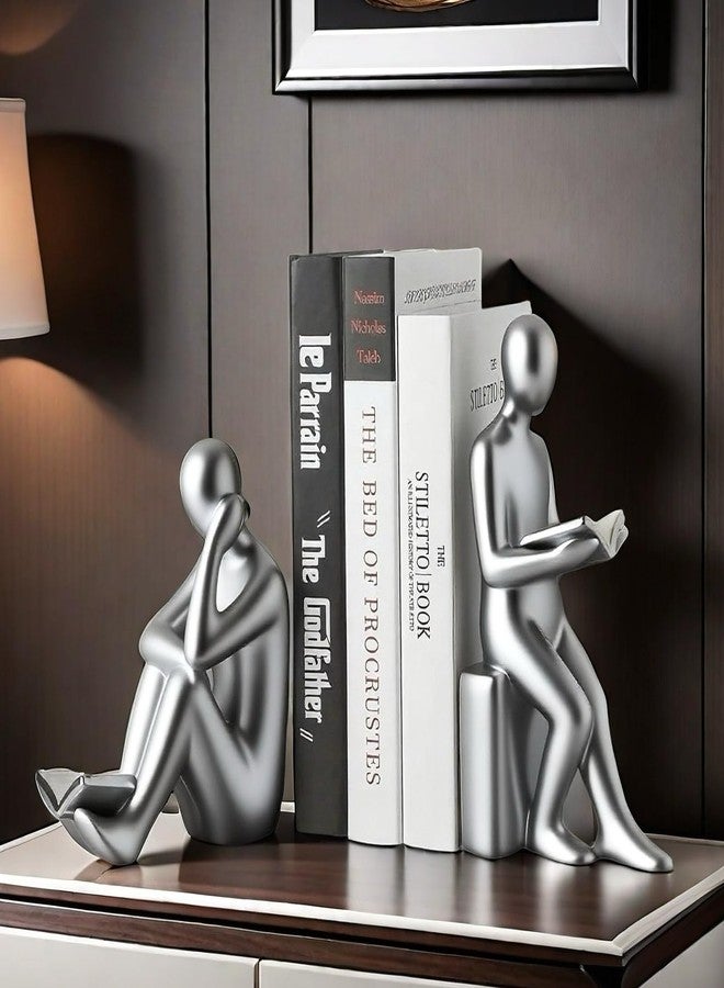 SHTWX Home Decorative Reading Book Statue Bookends Elegant Resin Bookshelf Room Office Desk Decor,Paper Weights, Book Ends,Bookend Supports, Book Stoppers, Set of 2 (Silver) - Image 2