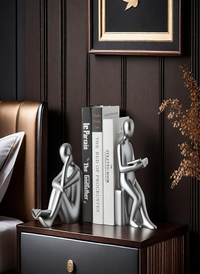 SHTWX Home Decorative Reading Book Statue Bookends Elegant Resin Bookshelf Room Office Desk Decor,Paper Weights, Book Ends,Bookend Supports, Book Stoppers, Set of 2 (Silver) - Image 3