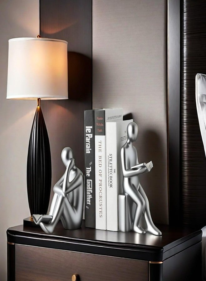 SHTWX Home Decorative Reading Book Statue Bookends Elegant Resin Bookshelf Room Office Desk Decor,Paper Weights, Book Ends,Bookend Supports, Book Stoppers, Set of 2 (Silver) - Image 4