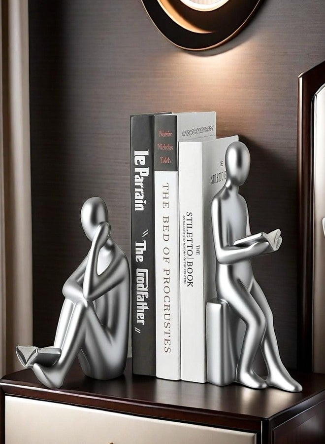 SHTWX Home Decorative Reading Book Statue Bookends Elegant Resin Bookshelf Room Office Desk Decor,Paper Weights, Book Ends,Bookend Supports, Book Stoppers, Set of 2 (Silver) - Image 1