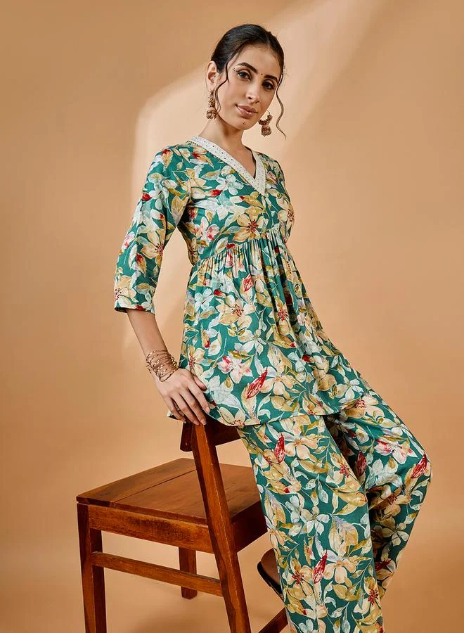 Winered Teal Floral Top And Wide Leg Pants Co-Ord Set