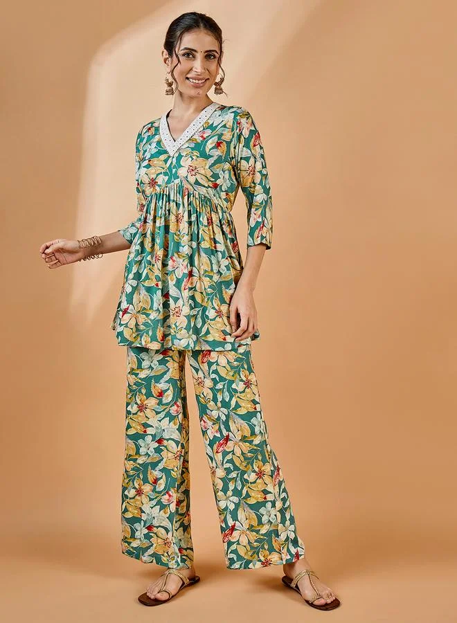 Winered Teal Floral Top And Wide Leg Pants Co-Ord Set