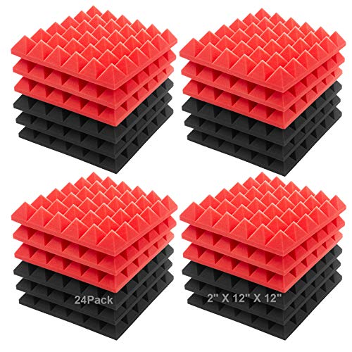 JBER Acoustic Sound Foam Panels, 24 Pack 2" X 12" X 12" Red and Black Soundproofing Treatment Studio Wall Padding Sound Absorbing Fireproof Pyramid Acoustic Treatment - Image 1