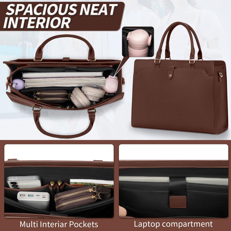 GMAK Laptop Tote Bag for Women, 15.6 Inch Leather Computer Bags Lightweight Business Office Work Briefcase Large Capacity Waterproof Handbag for Daily Commute Travel Work, Brown - Image 3