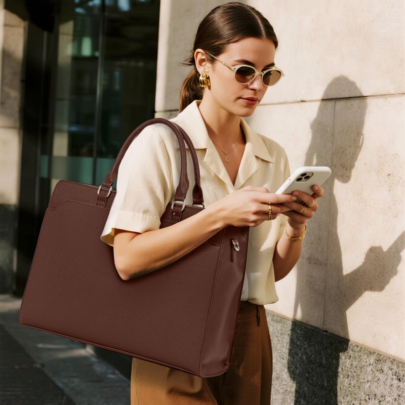GMAK Laptop Tote Bag for Women, 15.6 Inch Leather Computer Bags Lightweight Business Office Work Briefcase Large Capacity Waterproof Handbag for Daily Commute Travel Work, Brown - Image 2