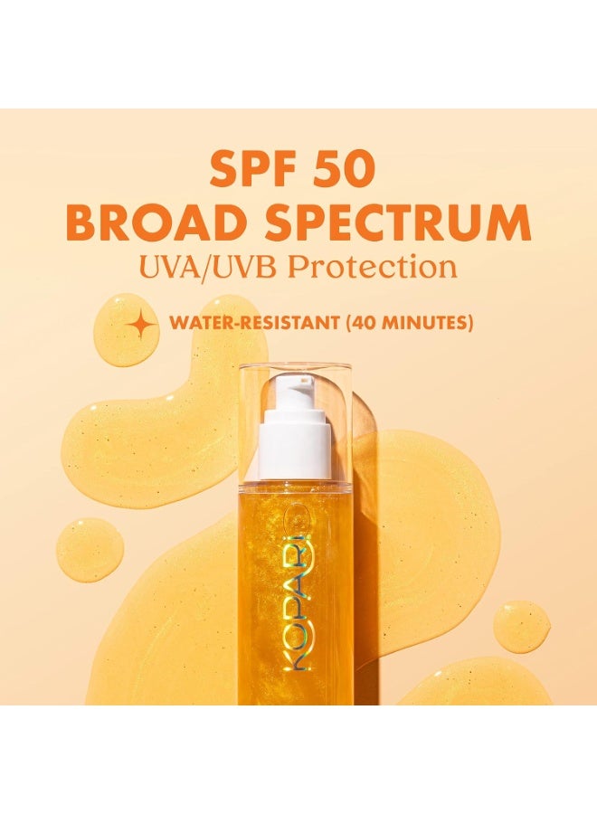 Kopari Kopari Sun Shield Body Glow, Broad Spectrum SPF 50, Lightweight Shimmering Gel Texture Absorbs Quickly, Non Sticky, Glowing Results, Gold 5 oz - Image 3