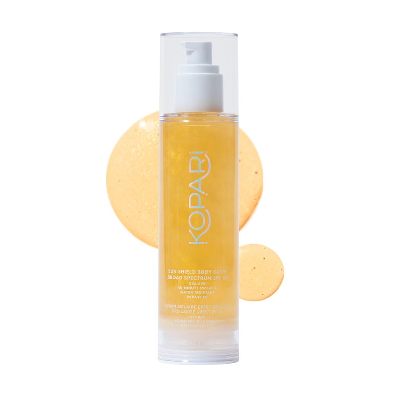 Kopari كوباري درع الشمس لجسم مضيء، طيف واسع SPF 50، قوام جل لامع خفيف يمتص بسرعة، غير لزج، نتائج مضيئة، ذهبية 5 أونصات - Image 1