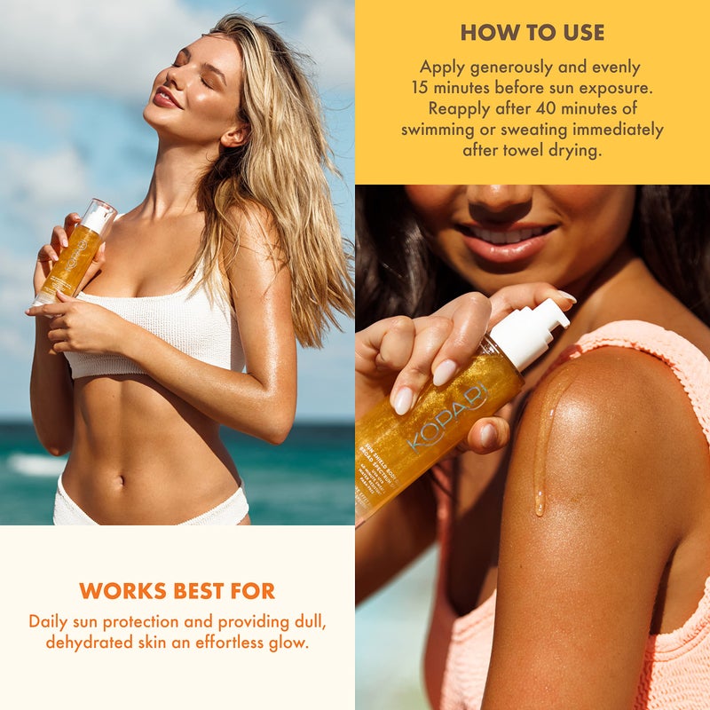 Kopari كوباري درع الشمس لجسم مضيء، طيف واسع SPF 50، قوام جل لامع خفيف يمتص بسرعة، غير لزج، نتائج مضيئة، ذهبية 5 أونصات - Image 5