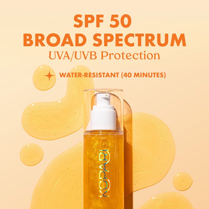 Kopari كوباري درع الشمس لجسم مضيء، طيف واسع SPF 50، قوام جل لامع خفيف يمتص بسرعة، غير لزج، نتائج مضيئة، ذهبية 5 أونصات - Image 2
