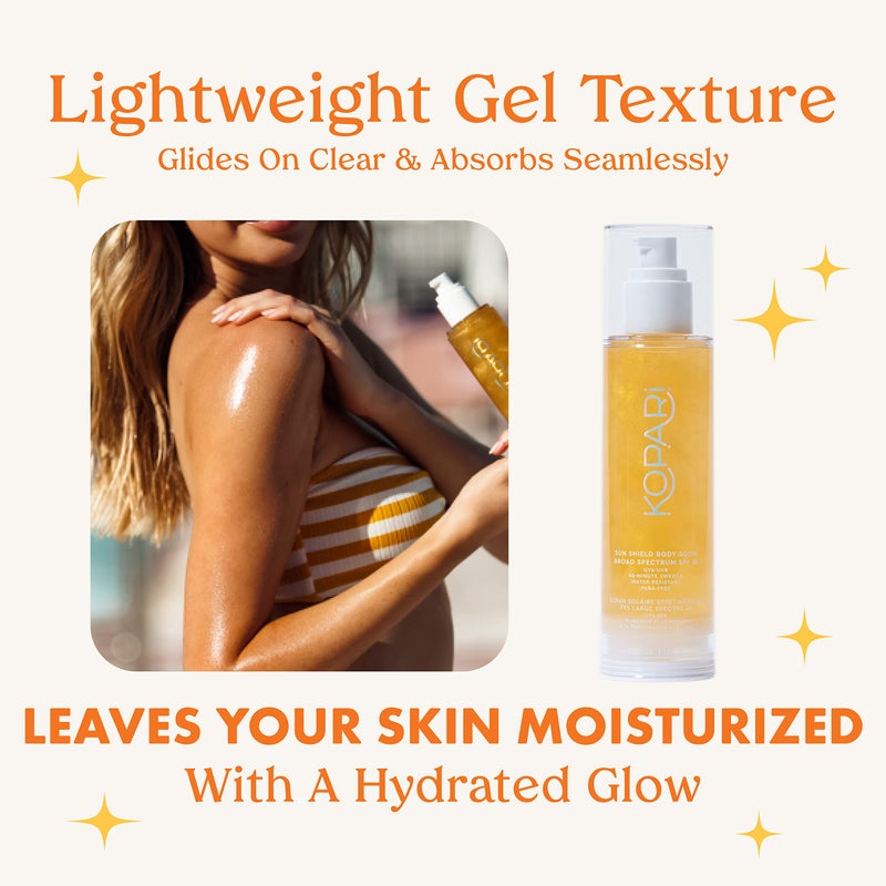 Kopari كوباري درع الشمس لجسم مضيء، طيف واسع SPF 50، قوام جل لامع خفيف يمتص بسرعة، غير لزج، نتائج مضيئة، ذهبية 5 أونصات - Image 3