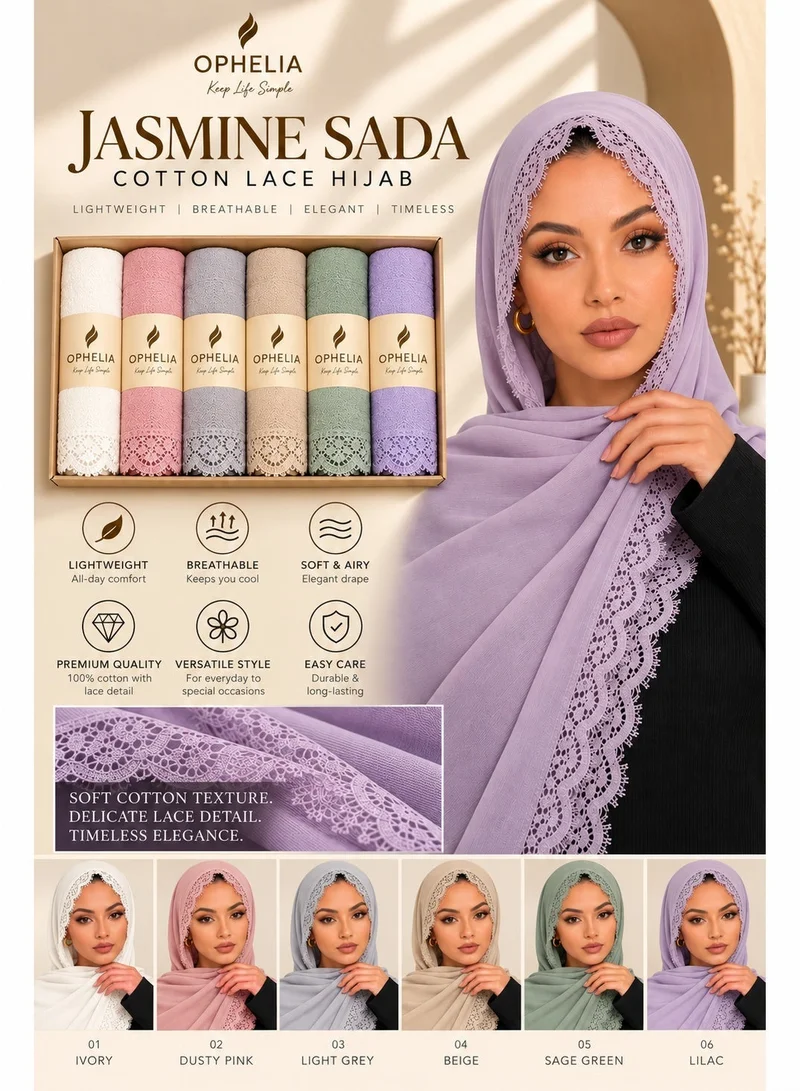 Ophelia 6pcs Jasmine Sada Premium Cotton Hijab with Lace Trim - Brown