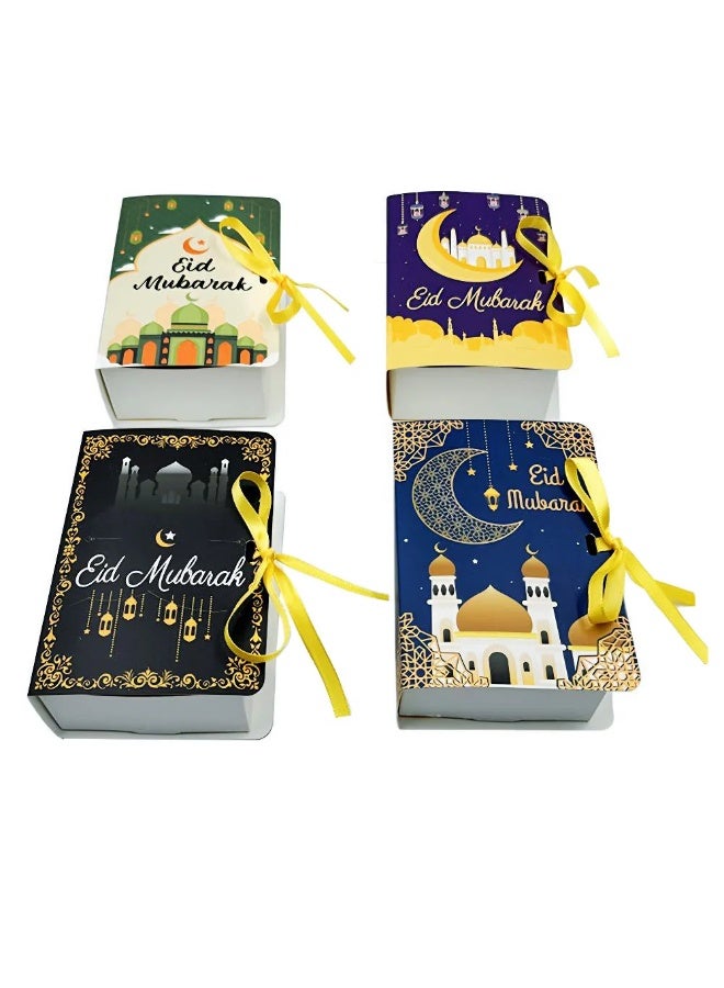 صندوق هدايا عيد مبارك رمضان مكون من 12 قطعة بتصميم هلال ونجوم ذهبية مع شريط، صناديق حلوى مربعة للحفلات الإسلامية - Image 4