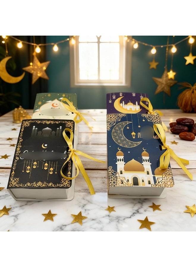 صندوق هدايا عيد مبارك رمضان مكون من 12 قطعة بتصميم هلال ونجوم ذهبية مع شريط، صناديق حلوى مربعة للحفلات الإسلامية - Image 2