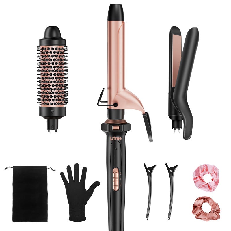 Ufree 3 in 1 Curling Iron, Curling Wand Set with Thermal Brush Flat Iron Hair Straightener, Dual Voltage Wand Curler, Instant Heat Up Hair Curler, Include Protective Glove 2 Clips, Gifts for Women - Image 1
