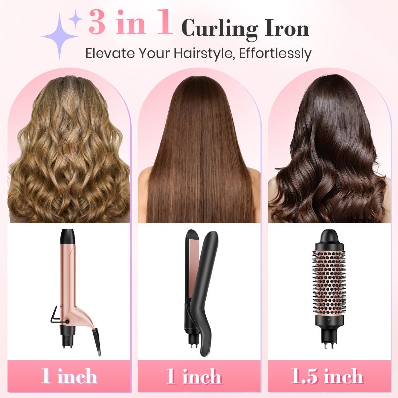 Ufree 3 in 1 Curling Iron, Curling Wand Set with Thermal Brush Flat Iron Hair Straightener, Dual Voltage Wand Curler, Instant Heat Up Hair Curler, Include Protective Glove 2 Clips, Gifts for Women - Image 2