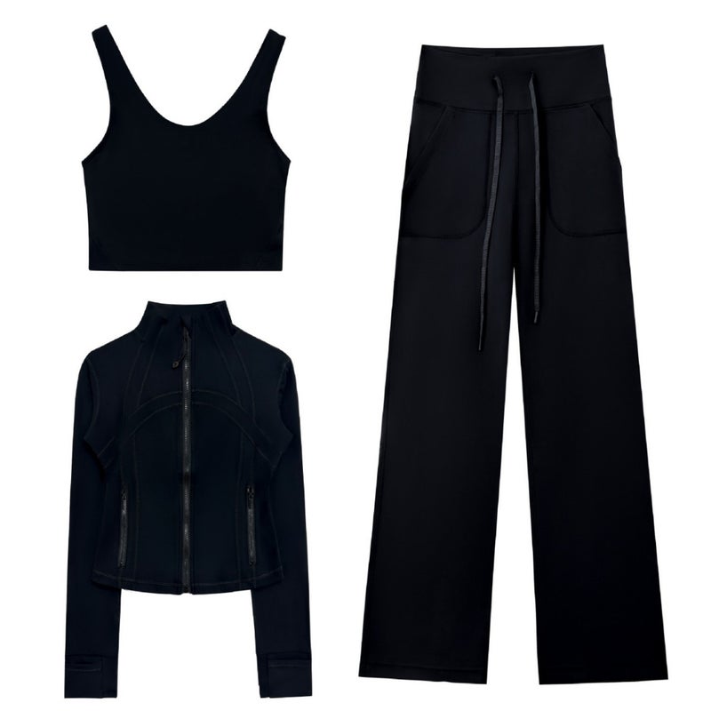 Women's 3-Piece Yoga Set with Cropped Jacket, Wide-Leg Pants & Vest - Image 5