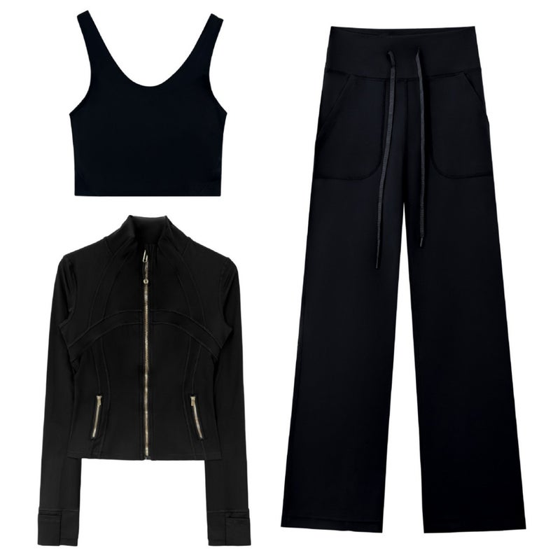 Women's 3-Piece Yoga Set with Cropped Jacket, Wide-Leg Pants & Vest - Image 4