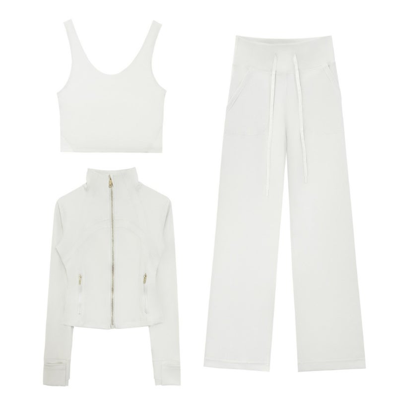 Women's 3-Piece Yoga Set with Cropped Jacket, Wide-Leg Pants & Vest - Image 3
