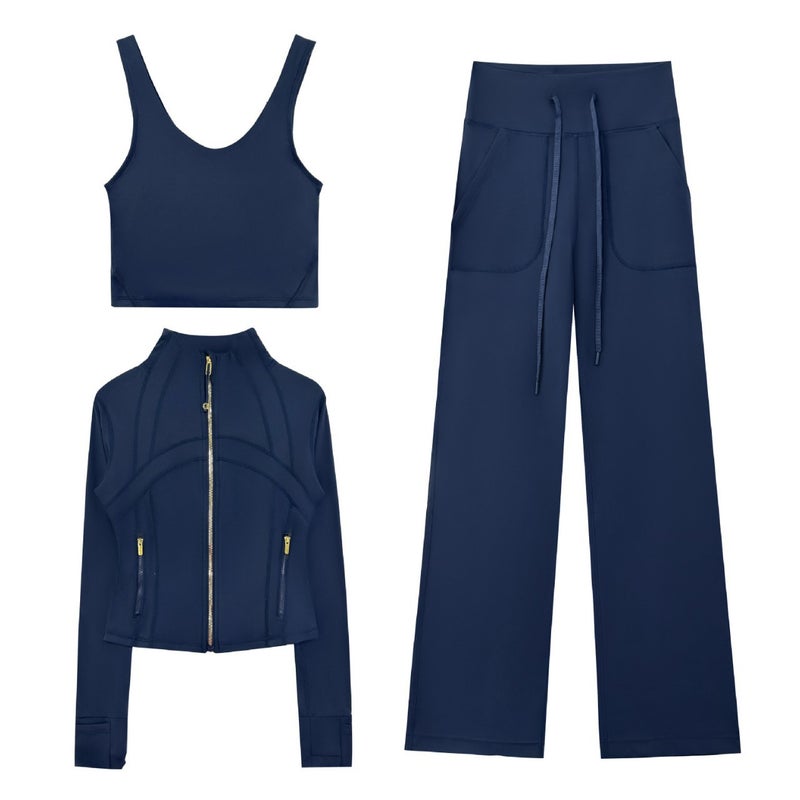 Women's 3-Piece Yoga Set with Cropped Jacket, Wide-Leg Pants & Vest - Image 1