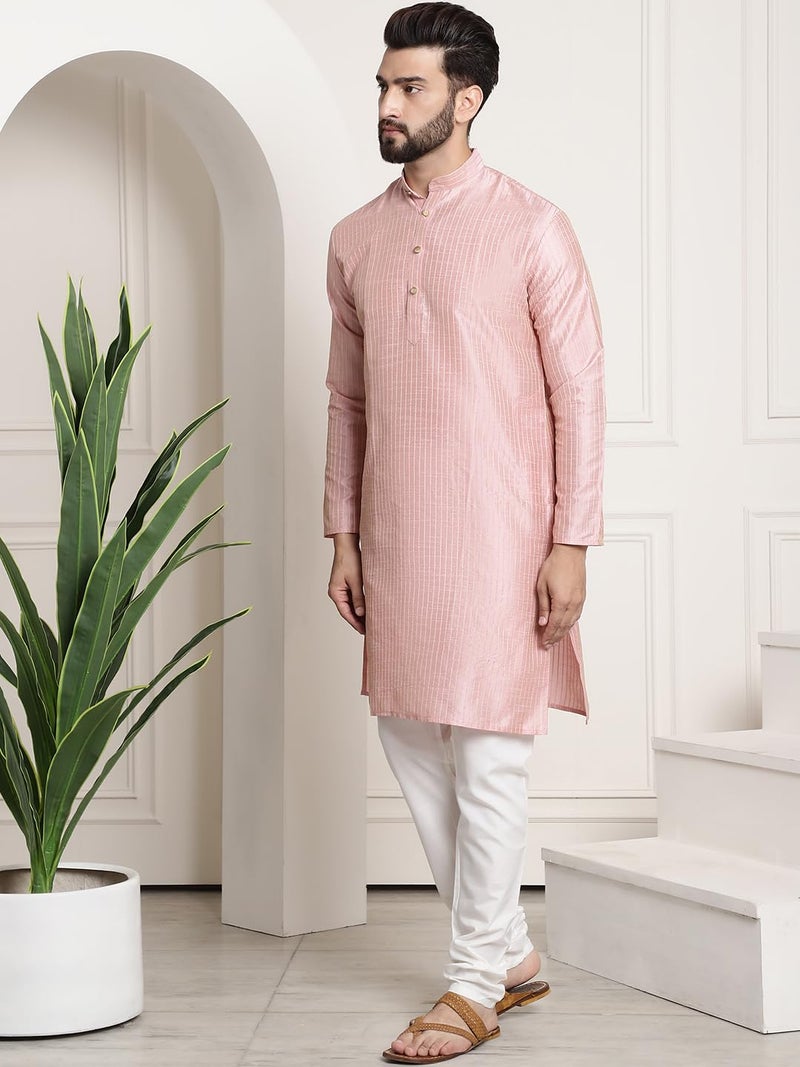 SOJANYA (Since 1958 Men's Silk Blend Pink Pintex Kurta and White Churidar Pyjama Set - Image 3