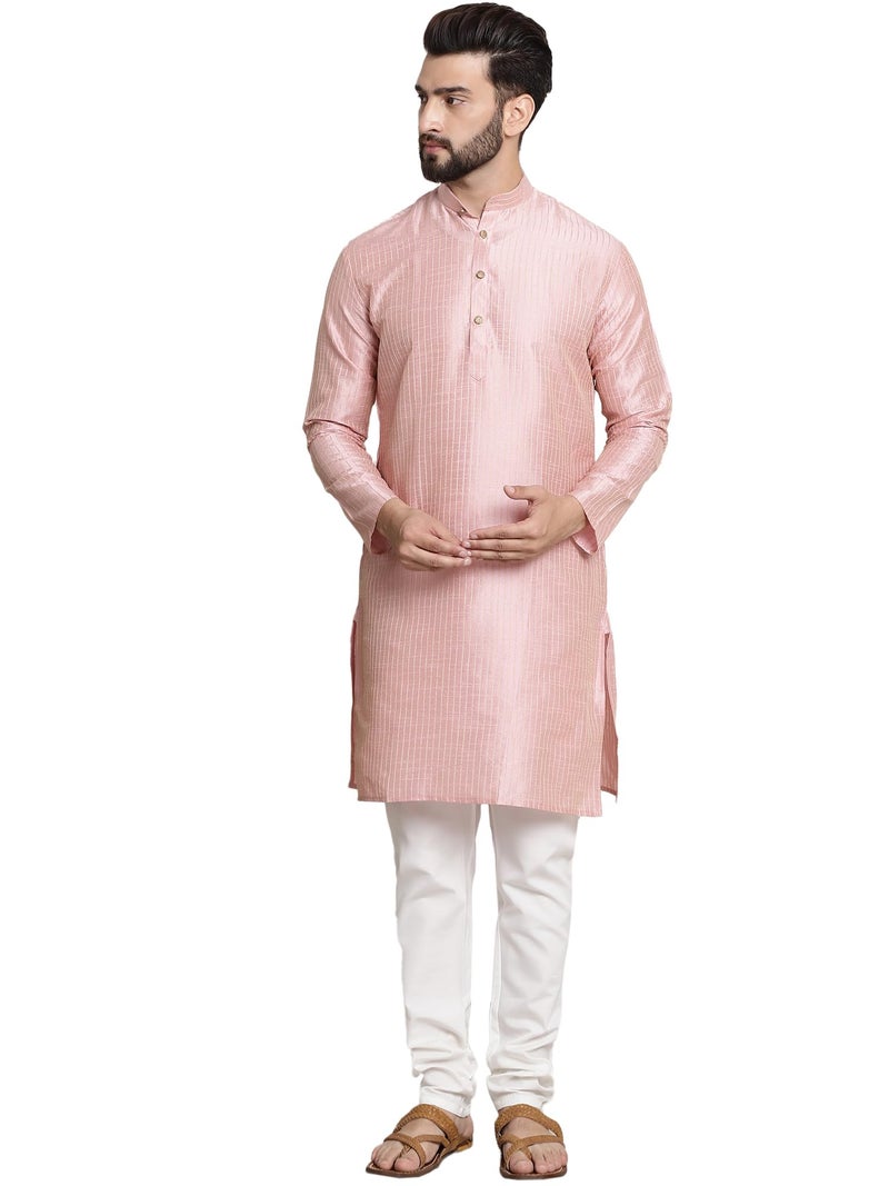 SOJANYA (Since 1958 Men's Silk Blend Pink Pintex Kurta and White Churidar Pyjama Set - Image 1