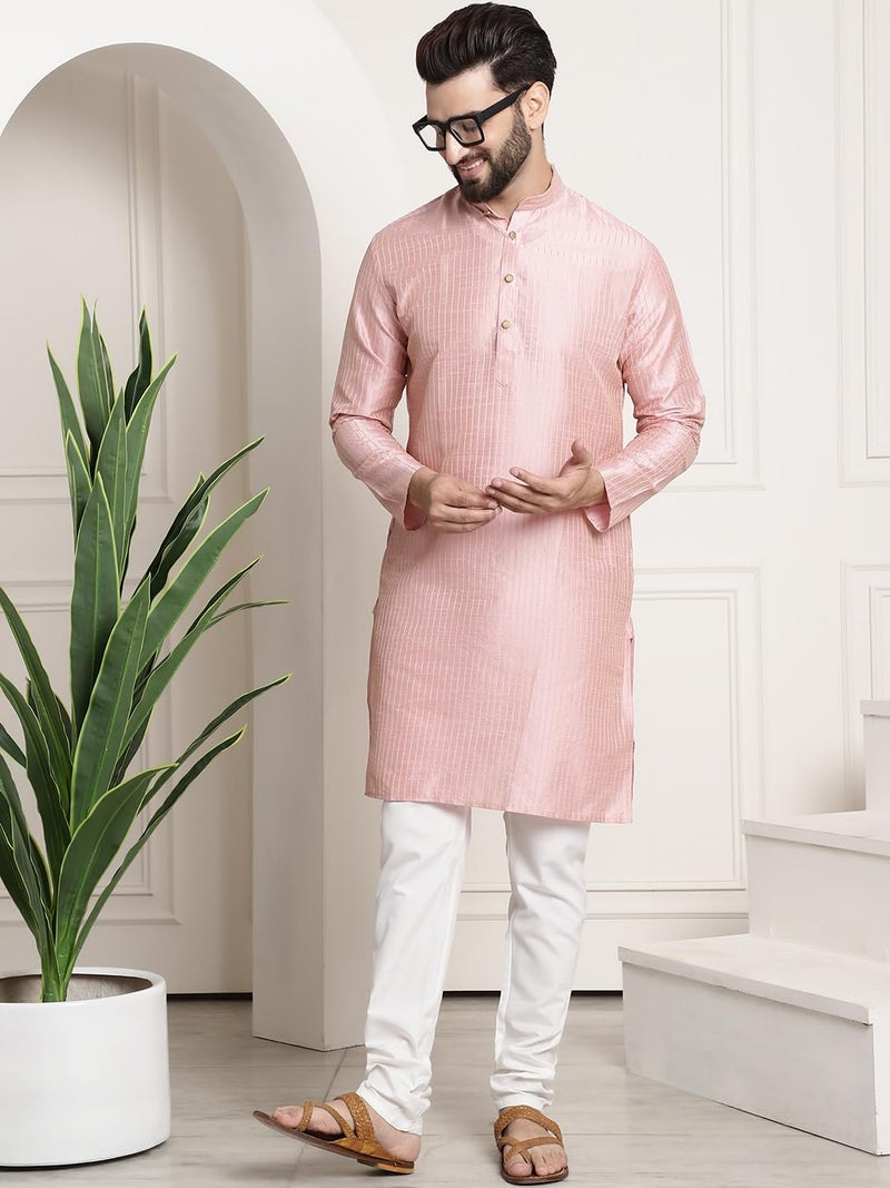 SOJANYA (Since 1958 Men's Silk Blend Pink Pintex Kurta and White Churidar Pyjama Set - Image 2
