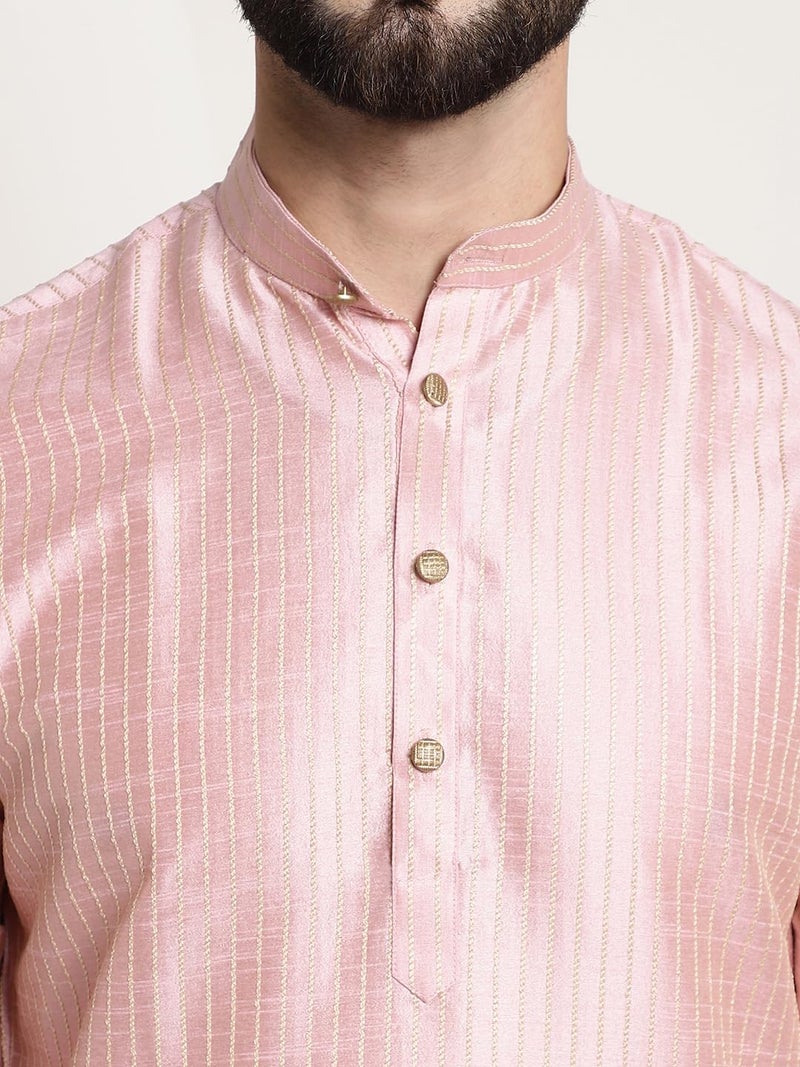 SOJANYA (Since 1958 Men's Silk Blend Pink Pintex Kurta and White Churidar Pyjama Set - Image 5