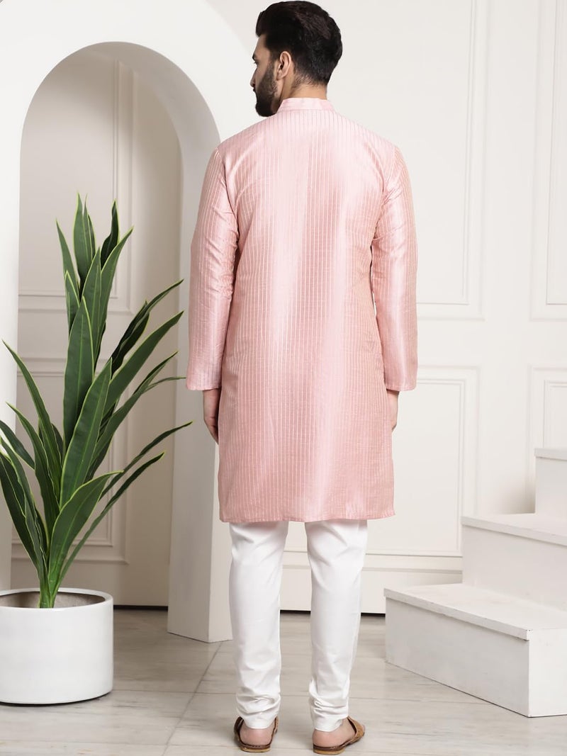 SOJANYA (Since 1958 Men's Silk Blend Pink Pintex Kurta and White Churidar Pyjama Set - Image 4