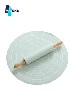 WAOKN 33.5cm Diameter Silicone Baking Mat + Rolling Pin 2 Pack, Measurable Non-stick Waterproof Pastry Tool, Large Non-slip Heat-resistant Table Mat for Pastry Board (Green)  - Image 1
