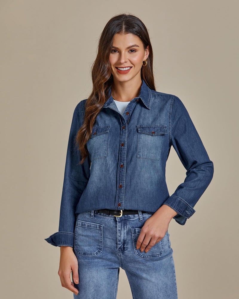 luvamia Denim Shirt Women Chambray Jean Western Shirts Long Sleeve Button Down Tops Vintage Blue Large Fits US 12-14 - Image 4