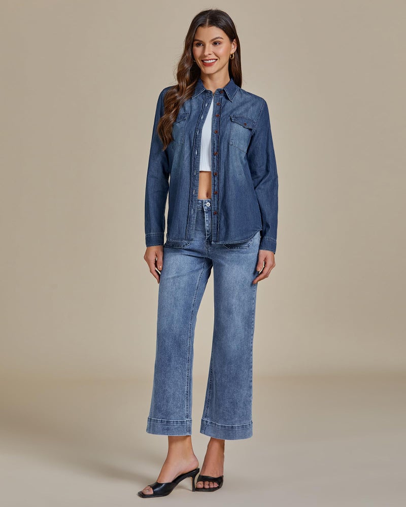 luvamia Denim Shirt Women Chambray Jean Western Shirts Long Sleeve Button Down Tops Vintage Blue Large Fits US 12-14 - Image 5