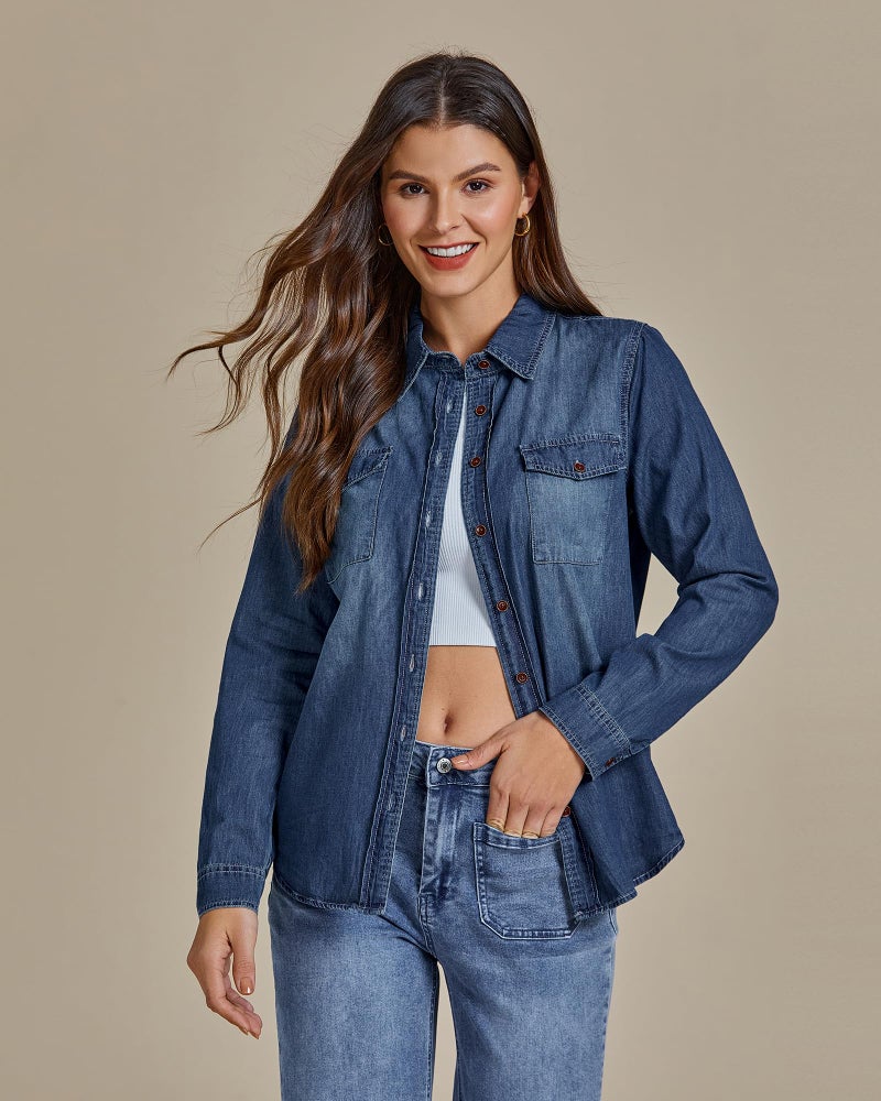 luvamia Denim Shirt Women Chambray Jean Western Shirts Long Sleeve Button Down Tops Vintage Blue Large Fits US 12-14 - Image 2