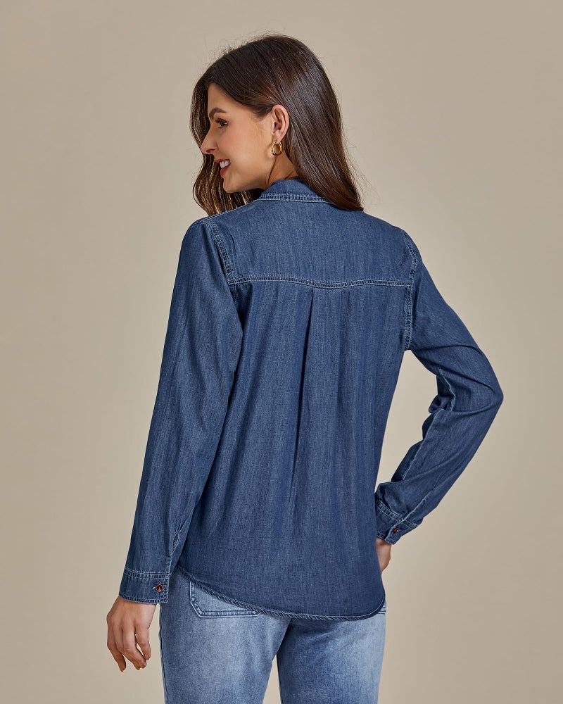 luvamia Denim Shirt Women Chambray Jean Western Shirts Long Sleeve Button Down Tops Vintage Blue Large Fits US 12-14 - Image 3