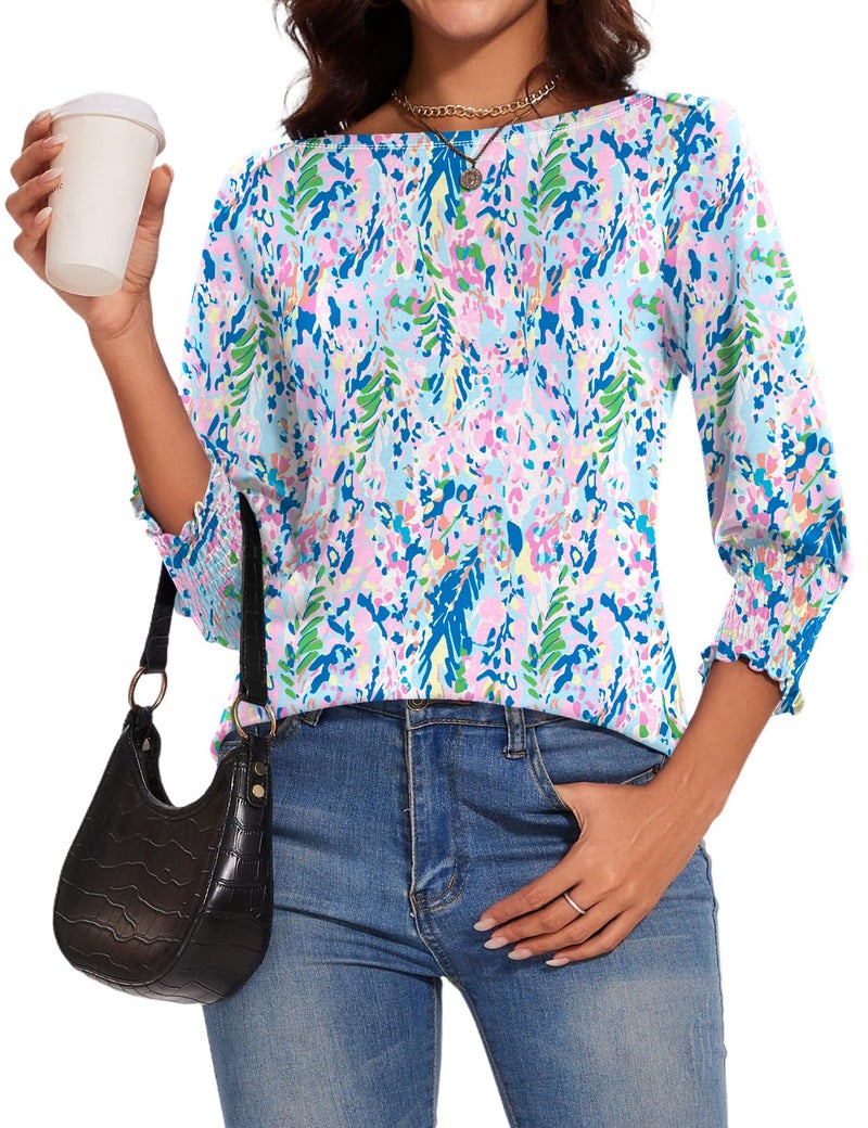 IECCP Womens 3/4 Length Sleeve Tops Fall Tops for Women 2026 Boat Neck T Shirts for Women Summer Boho Top 3/4 Smocked Top Plus Size Clothes Color Printing,XL - Image 2