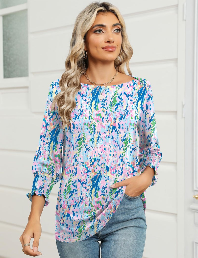 IECCP Womens 3/4 Length Sleeve Tops Fall Tops for Women 2026 Boat Neck T Shirts for Women Summer Boho Top 3/4 Smocked Top Plus Size Clothes Color Printing,XL - Image 3