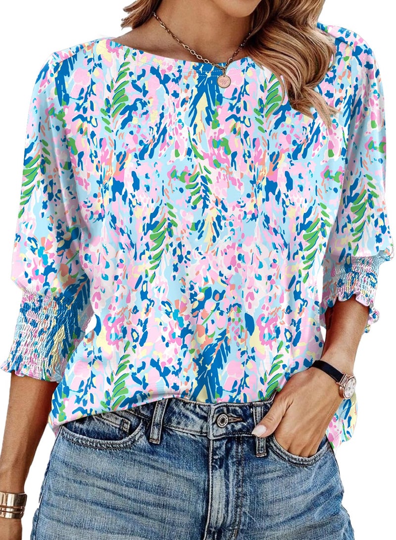 IECCP Womens 3/4 Length Sleeve Tops Fall Tops for Women 2026 Boat Neck T Shirts for Women Summer Boho Top 3/4 Smocked Top Plus Size Clothes Color Printing,XL - Image 1