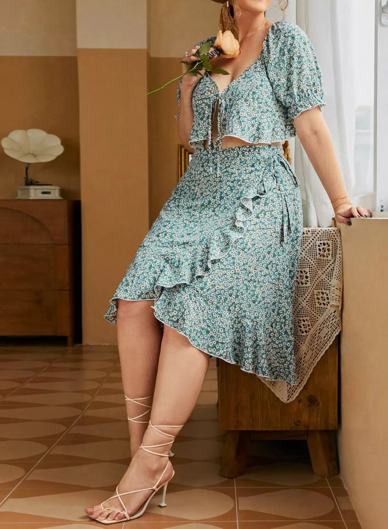 Plus Ditsy Floral Print Knot Front Top & Ruffle Hem Wrap Skirt - Image 5