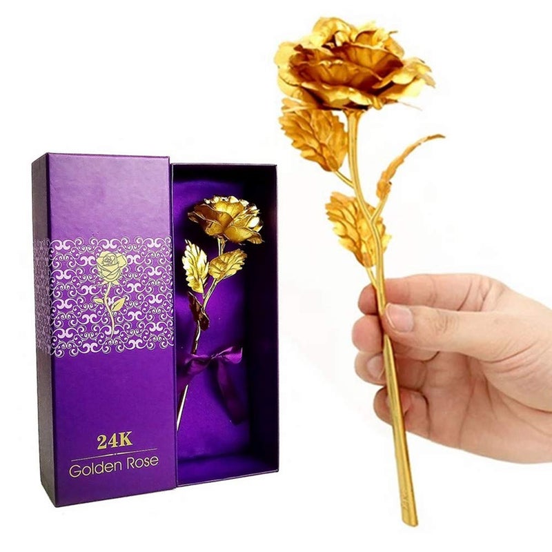 Beetoo 10in 24K Gold Foil Artificial Rose Flower 24K Golden Rose Birthday Gift with Gift Box Gold 1 Pack