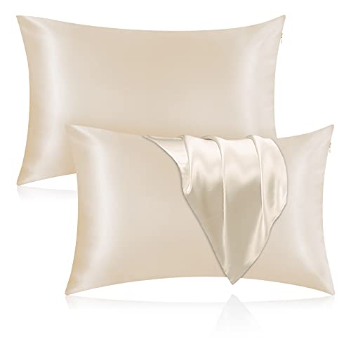 Veaken Silk Pillowcase for Hair and Skin 2 Pack 100 Mulberry Silk Pillowcase 25 Momme 600 Thread Count Both Side Pure Silk Pillow Cover with Hidden Zipper Beige Queen 2030