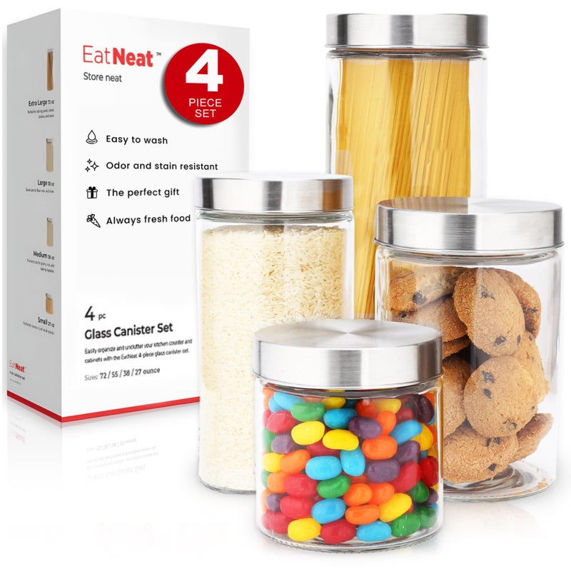EatNeat EatNeat Set of 4 Glass Canisters with Stainless Steel Lids  Sleek Airtight Glass Storage Containers for Flour Sugar Coffee and Snacks Essential for Kitchen Organization Clear Various Sizes 