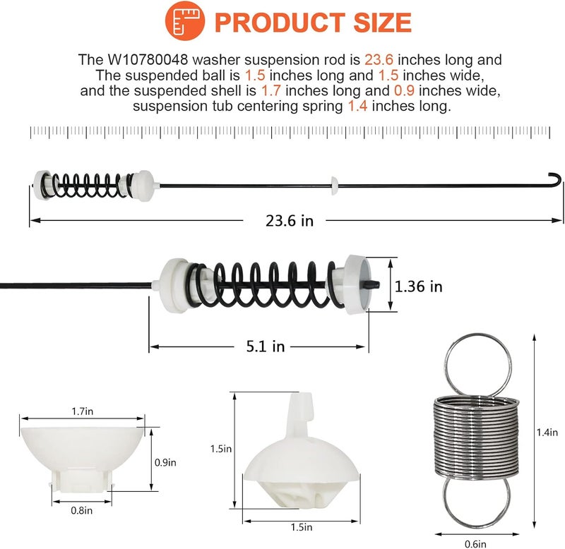 Beaquicy 【NEW UPGRADED】W10780048 Suspension Rods(23.6in) W10400895 Washer Suspension Springs(4pcs) by - Replacement kit for Whirlpool Kenmore and Admiral - Replaces WTW4800XQ2, WTW4800XQ4, RTW4640YQ1 - Image 4