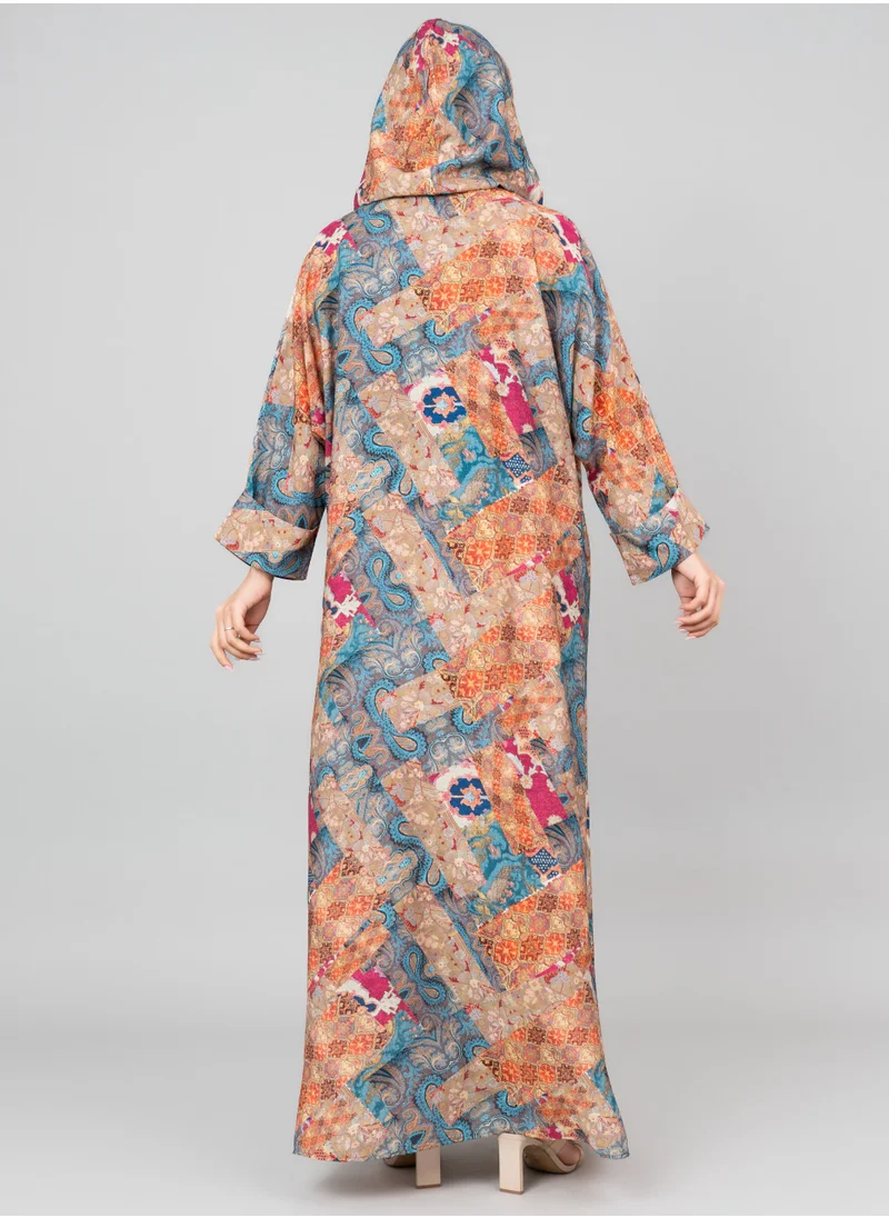 IKKXA Pattern Printed Hooded Jalabiya IK1020 Blue
